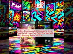 Custom Order Accepted Holographic Shiny Spot UV Foil Laser Card Paper Box Silver with Gold Stamping Rigid Craft Box